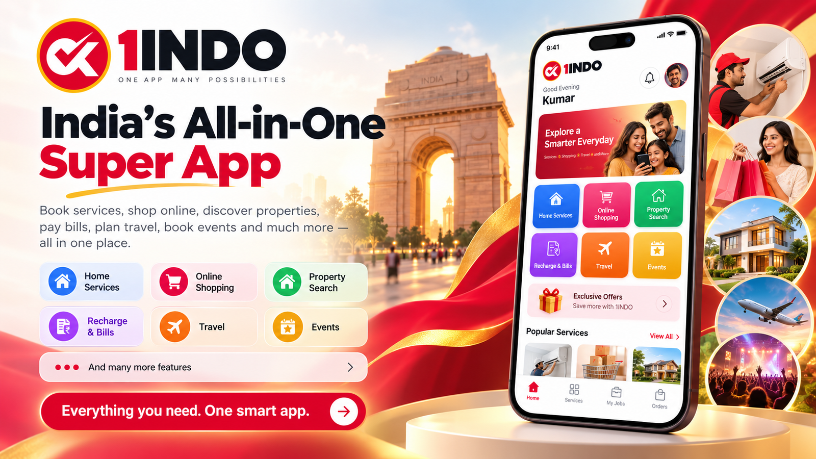 1INDO India all-in-one super app featuring Home Services, Online Shopping, Property Search, Recharge and Bills, Travel and Events